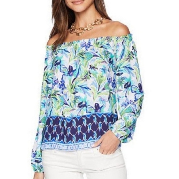 Lilly Pulitzer Nevie Women's Off Shoulder Blouse in Multi Petal Faster - Picture 1 of 5